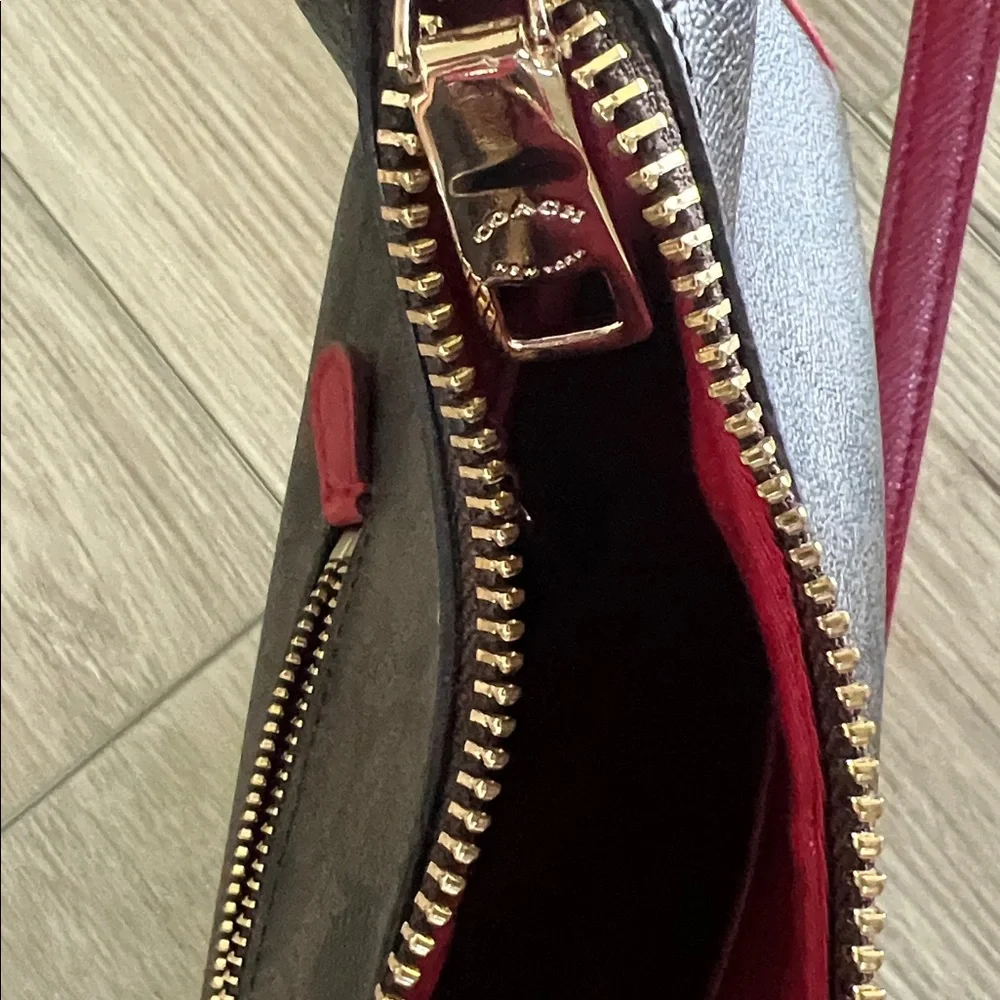 Coach Harley East/West Hobo in Signature - crescent canvas with red leather trim